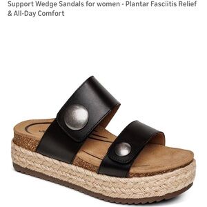 Aetrex Black Wedge Sandals with Silver Accents